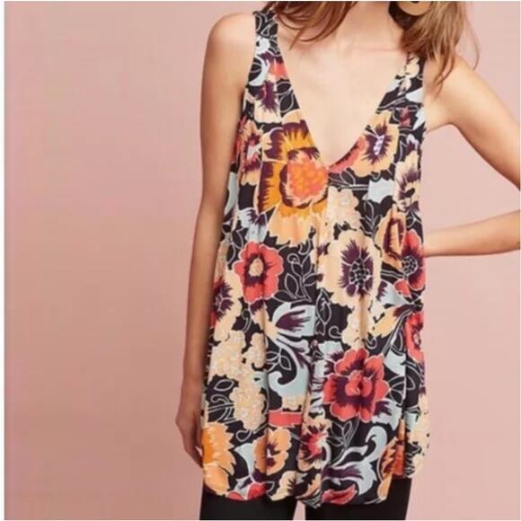 Anthropologie Vanessa Virginia Andrej Floral Tank Womens XL Swingy V-Neck Top - Picture 1 of 9